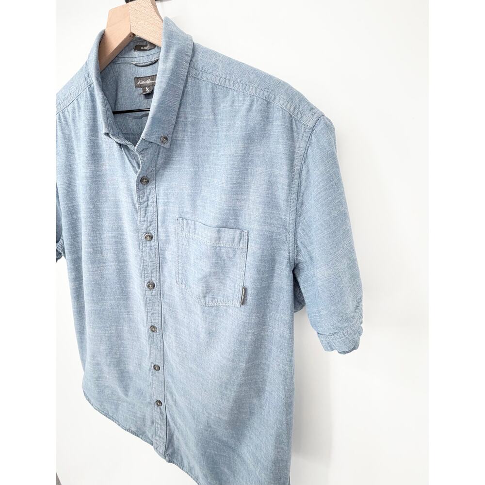 Eddie Bauer Mens XL Chambray Button Down Shirt Blue Short Sleeve 100% Cotton EUC - Picture 4 of 8